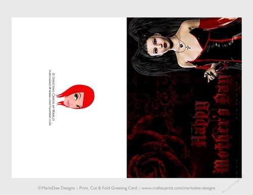 Cut & Fold 5x7 Mothers Day Fantasy Card | Gothic Girl with Dark Red Rose