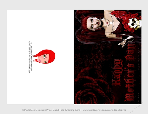 Cut & Fold 5x7 Mothers Day Fantasy Card | Gothic Girl with Dark Red Rose 2
