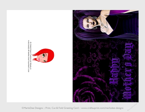 Cut & Fold 5x7 Mothers Day Fantasy Card | Gothic Girl with Purple Blue Rose