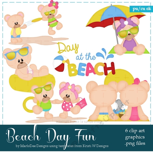 Beach Day Fun - Marshmallow & Honey Teddy Bears Clip Art Graphics