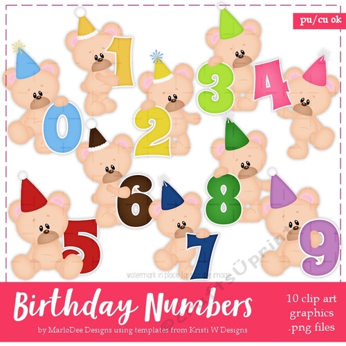 Birthday Numbers 0-9 - Marshmallow Teddy Bear Clip Art Graphics