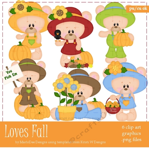 Loves Fall - Marshmallow & Honey Teddy Bears Clip Art Graphics