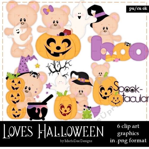 Loves Halloween - Marshmallow & Honey Teddy Bears Clip Art Graphics
