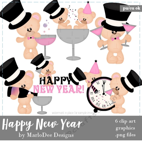 Happy New Year - Marshmallow & Honey Teddy Bears Clip Art Graphics