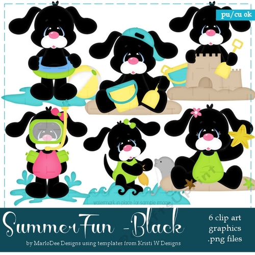Summer Fun - Black Dogs Clip Art Graphics