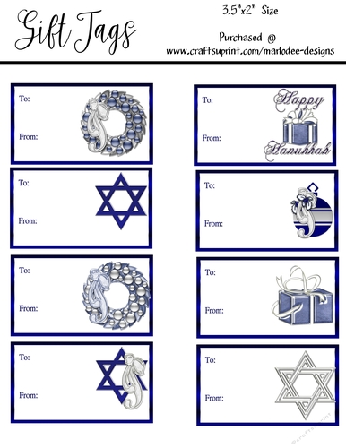 8 - 3.5x2 Hanukkah Holiday Gift Tags - Mixed Designs Sheet 1