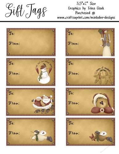 8 - Primitive Style 3.5x2 Christmas Holiday Gift Tags - Mixed Designs Sheet 1