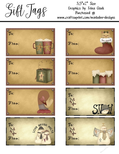 8 - Primitive Style 3.5x2 Christmas Holiday Gift Tags - Mixed Designs Sheet 2