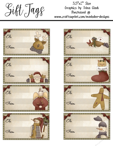 8 - Primitive Style 3.5x2 Christmas Holiday Gift Tags - Mixed Designs Sheet 3