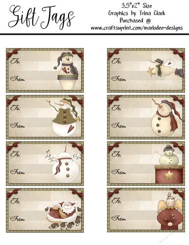 8 - Primitive Style 3.5x2 Christmas Holiday Gift Tags - Mixed Designs Sheet 4