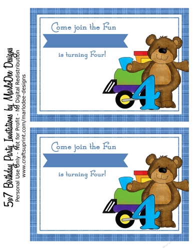 Fourth Birthday Invitation - Teddy Bear & Train