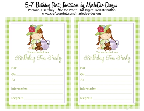 Birthday Tea Party Invitation - Little Girl & Green Gingham