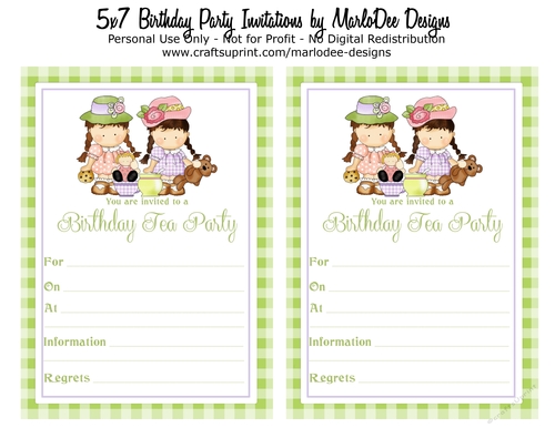 Birthday Tea Party Invitation - Two Girls & Green Gingham