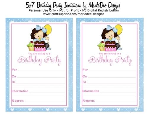 Birthday Party Invitation - Little Dark Hair Girl in Blue Dress