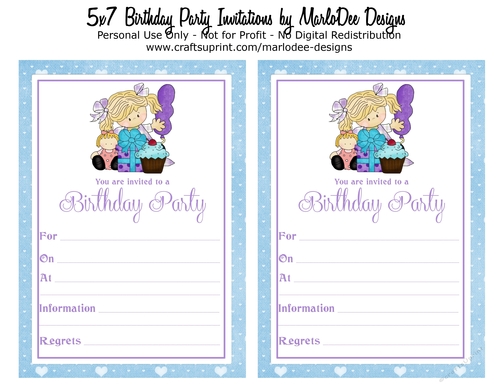 Birthday Party Invitation - Little Blonde Hair Girl in Purple Plaid Dress