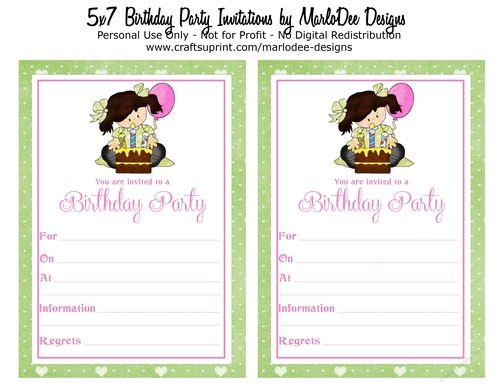 Birthday Party Invitation - Little Dark Hair Girl in Green Dot Dress