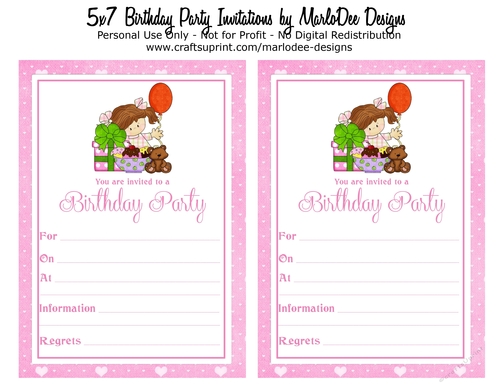 Birthday Party Invitation - Little Brown Hair Girl in Pink Plaid Dress