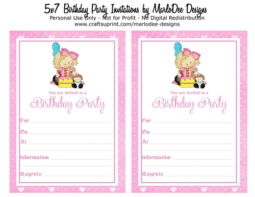 Birthday Party Invitation - Little Blonde Hair Girl in Pink Dot Dress