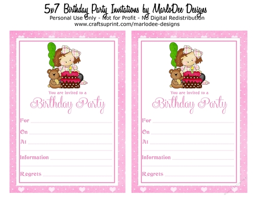 Birthday Party Invitation - Little Brown Hair Girl in Pink/Green Plaid Dress