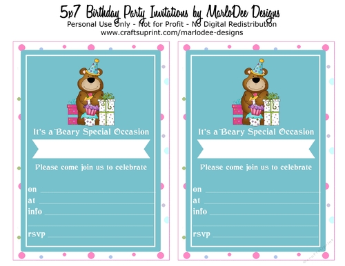 Birthday Party Invitation - Teddy Bear with Cupcakes & Presents