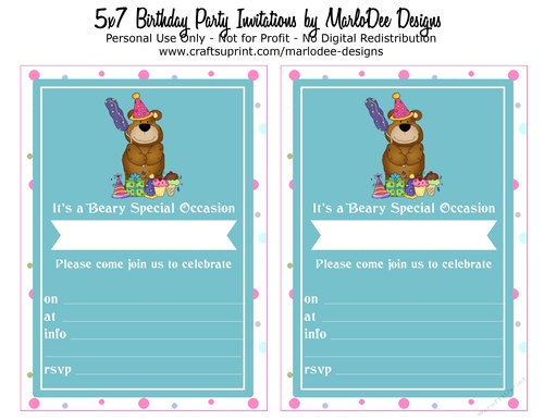 Birthday Party Invitation - Teddy Bear with Cupcakes & Balloons