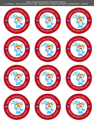 Valentines Day Blue Umbrella Care a Lot Boy - 2.5 Stickers Cupcake Toppers Labels