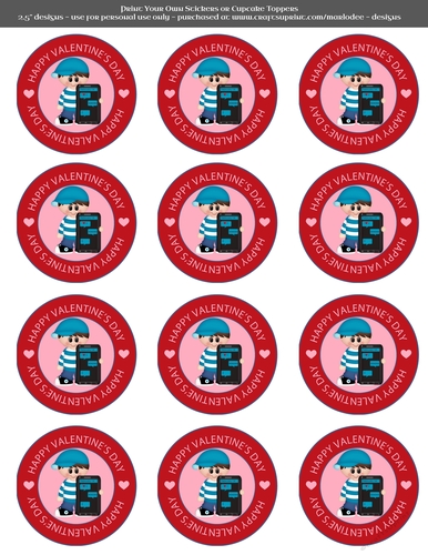 Valentines Day Boy in Love with Cellphone  - 2.5 Stickers Cupcake Toppers Labels