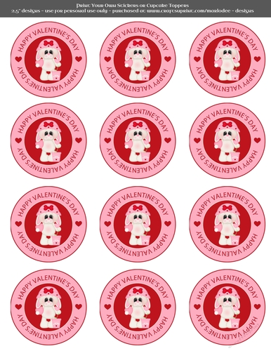Valentines Day Bunny in Love Growing Hearts  - 2.5 Stickers Cupcake Toppers Labels