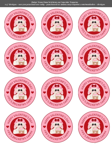 Valentines Day Bunny in Love with Basket of Hearts  - 2.5 Stickers Cupcake Toppers Labels