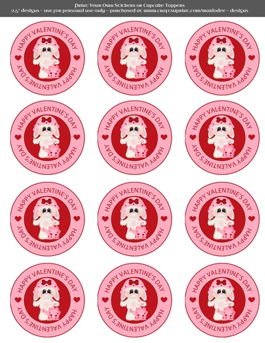 Valentines Day Bunny in Love Watering Heart Flowers - 2.5 Stickers Cupcake Toppers Labels