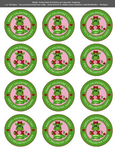 Valentines Day Dragon in Love XOXO - 2.5 Stickers Cupcake Toppers Labels
