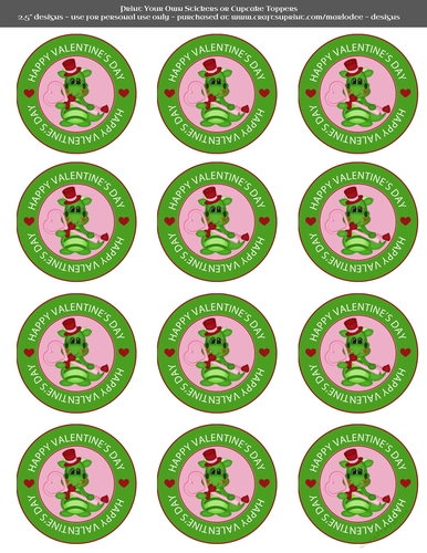 Valentines Day Dragon in Love Heart Key - 2.5 Stickers Cupcake Toppers Labels