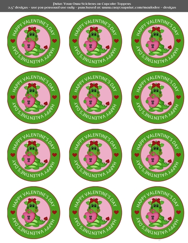 Valentines Day Dragon in Love Heart Lock - 2.5 Stickers Cupcake Toppers Labels