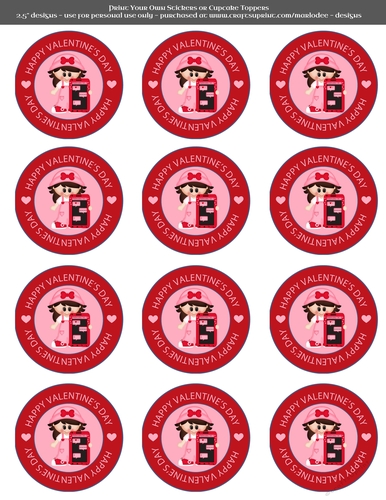 Valentines Day Girl in Love with Cellphone  - 2.5 Stickers Cupcake Toppers Labels