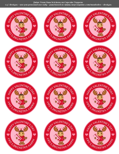 Valentines Day Sweetie Moose in Love - 2.5 Stickers Cupcake Toppers Labels