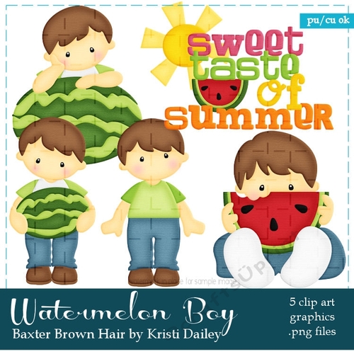 Baxter - Little Watermelon Boy with Brown Hair Clip Art Graphics 