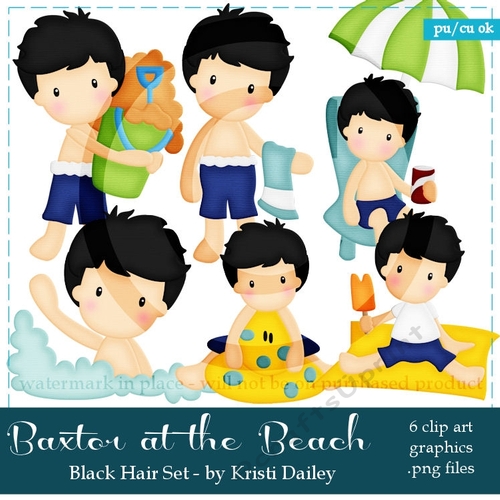 Baxter - Little Black Hair Boy at the Beach Clip Art Graphics 