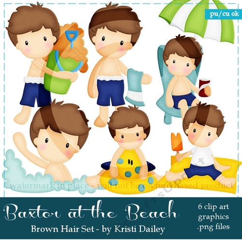 Baxter - Little Brown Hair Boy at the Beach Clip Art Graphics 
