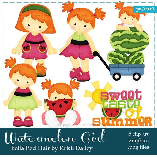 Bella - Little Watermelon Girl with Copper Red Hair Clip Art Graphics