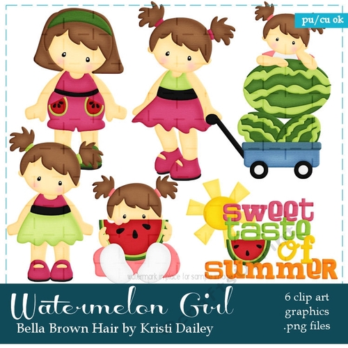 Bella - Little Watermelon Girl with Brown Hair Clip Art Graphics