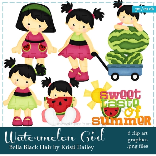 Bella - Little Watermelon Girl with Black Hair Clip Art Graphics