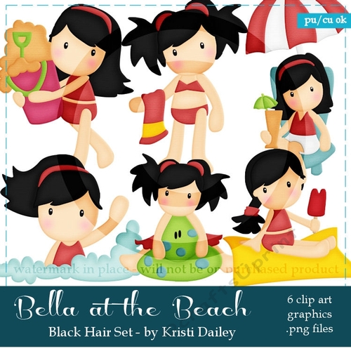 Bella - Little Black Hair Girl at the Beach Clip Art Graphics