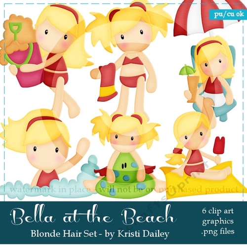 Bella - Little Blonde Hair Girl at the Beach Clip Art Graphics