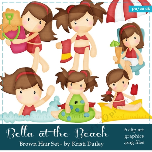 Bella - Little Brown Hair Girl at the Beach Clip Art Graphics