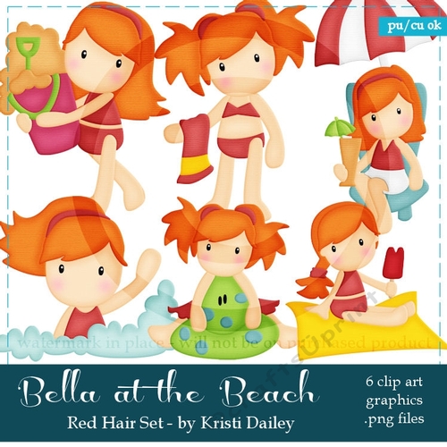 Bella - Little Copper Red Hair Girl at the Beach Clip Art Graphics