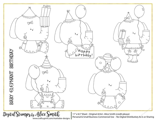 Baby Elephant Birthday Digital Stamps Sheet