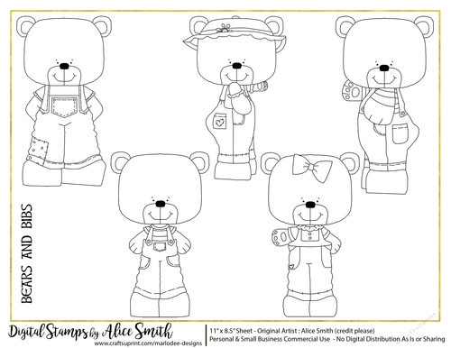 Teddy Bears Wearing Bib Overalls Digital Stamps 