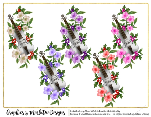 White Violin & Flowers Graphics 