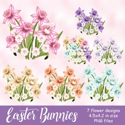 Easter Bunnies - Colorful Daffodil Flowers