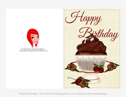 Pretty Chocolate Cupcake with Cherries 5x7 Print Cut and Fold Birthday Card